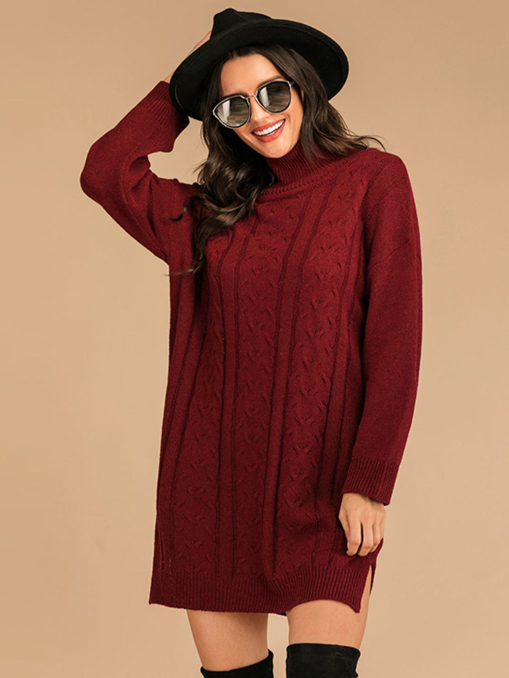 Perfee Slit Turtleneck Long Sleeve Mini Sweater Dress