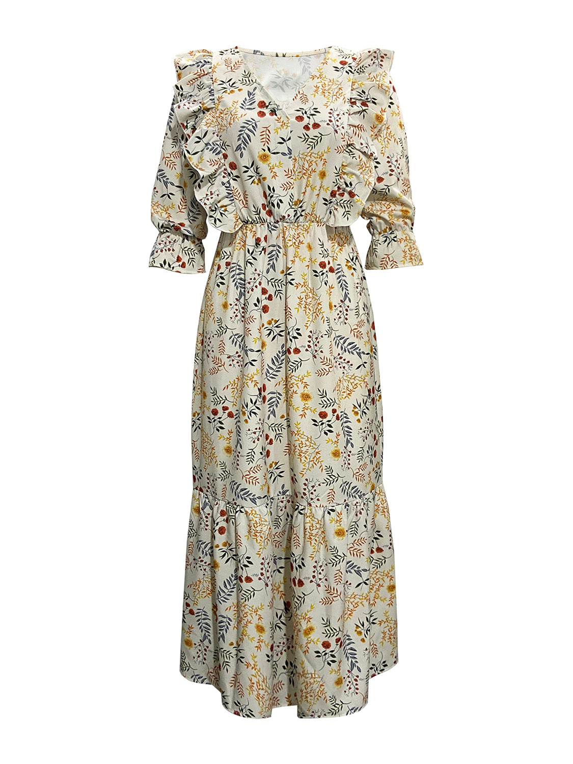 Floral Cutout Flounce Sleeve Dress - felvior