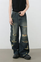 Men's Frayed Hem Distressed Wide Leg Jeans