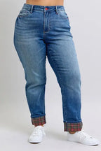 Judy Blue Full Size Mr Plaid Print Cuff Bf Jeans Plus Size