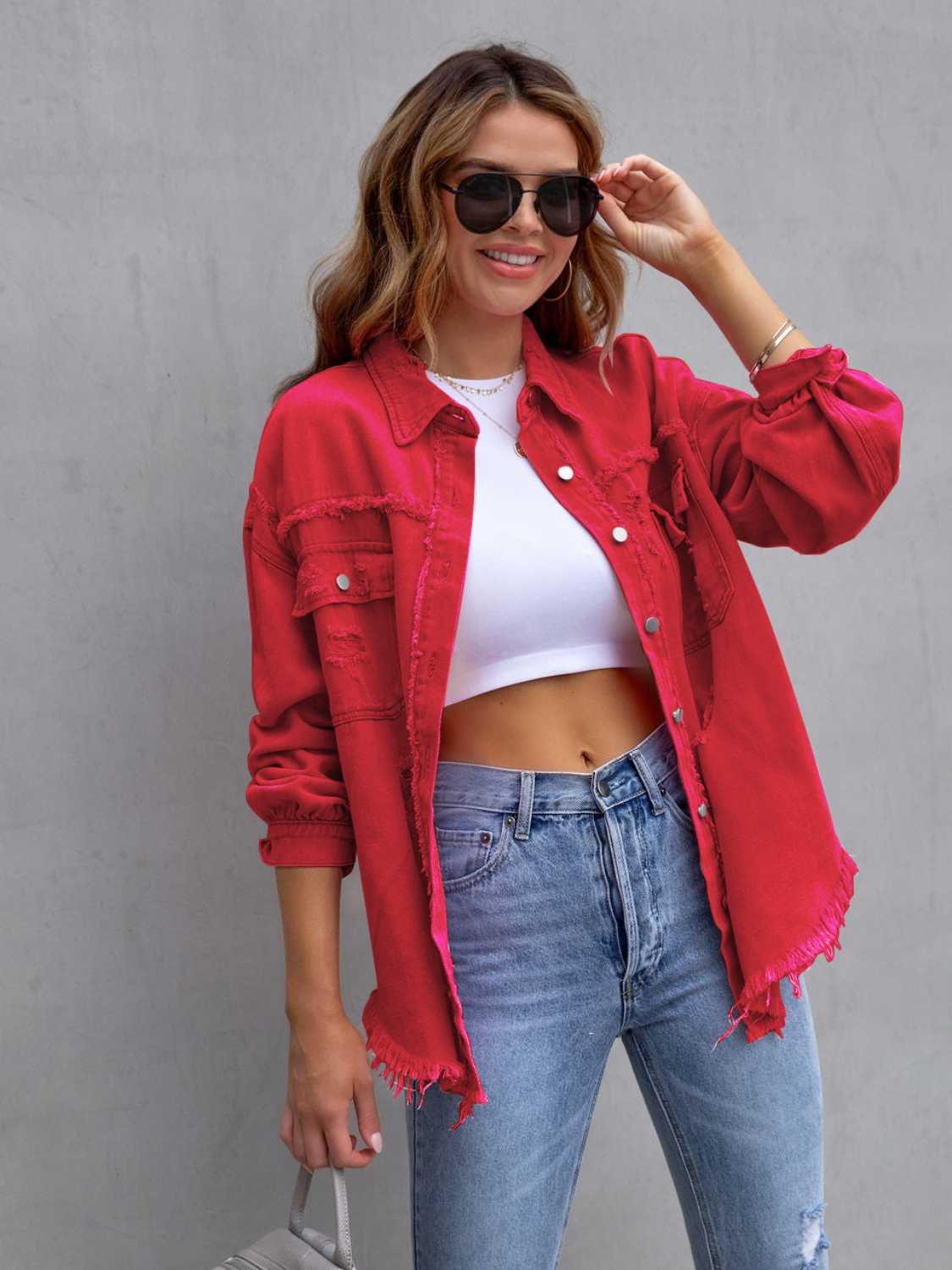 Distressed Drop Shoulder Denim Jacket - felvior