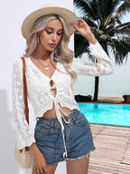 Openwork Drawstring V-Neck Long Sleeve Cover-Up