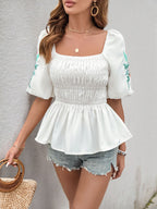 Perfee Embroidered Smocked Square Neck Half Sleeve Blouse