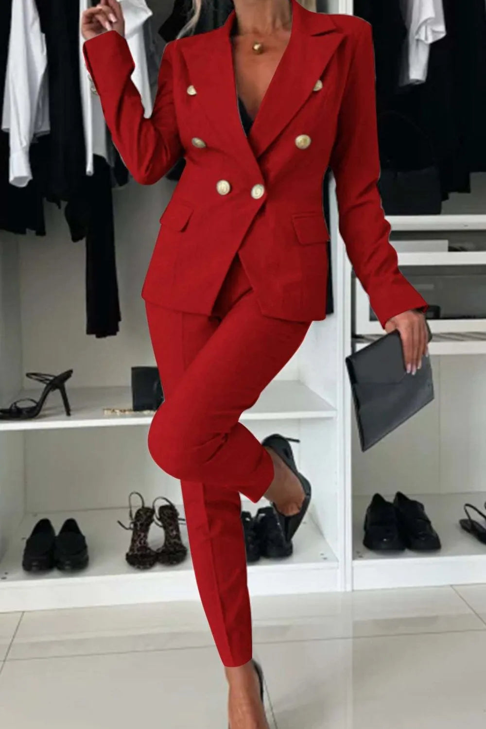 Full Size Lapel Collar Long Sleeve Blazer and Pants Set Plus Size - felvior