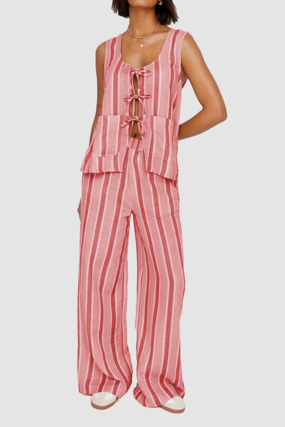 Tied Front Striped Top and Pants Set Main image