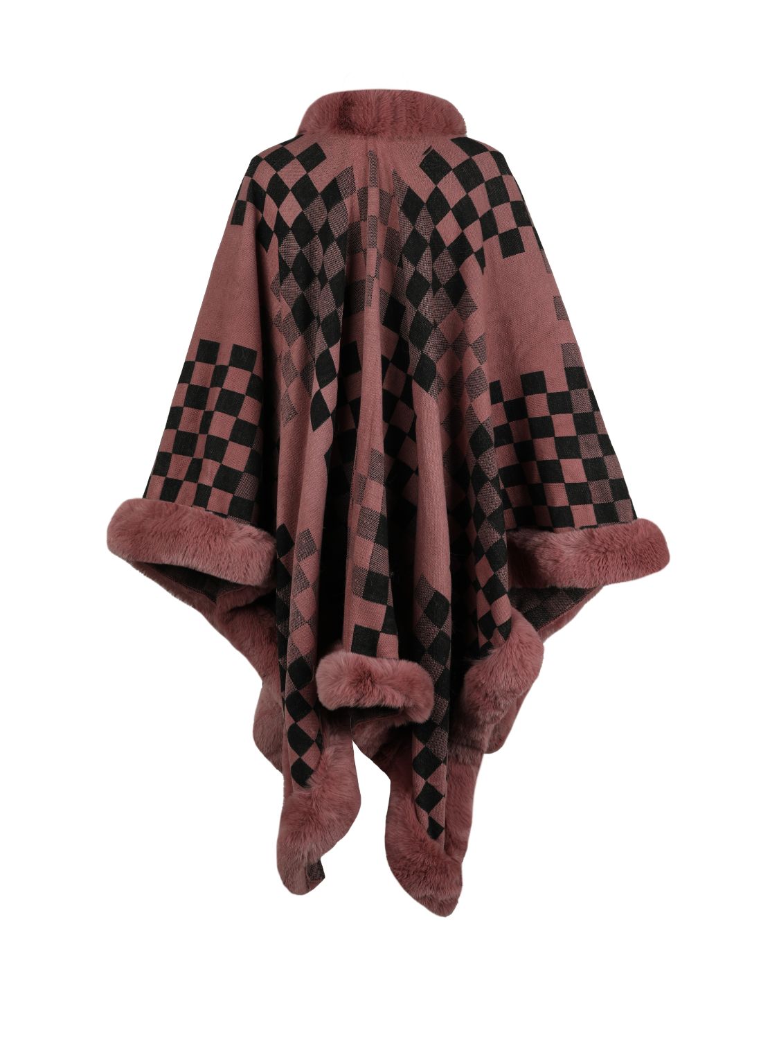 Checkered Faux Fur Trim Poncho - felvior