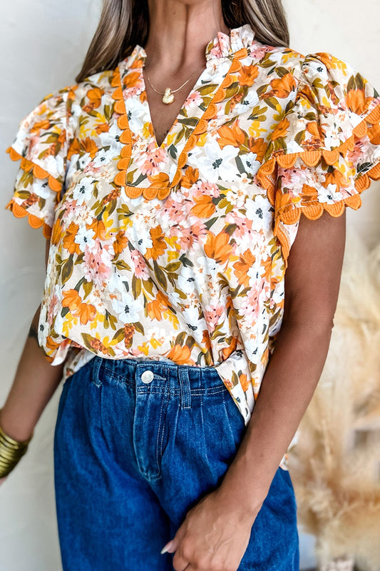 Ruffled Notched Short Sleeve Floral Blouse - felvior