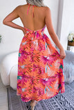 Botanical Print Tied Backless Cutout Slit Dress - felvior