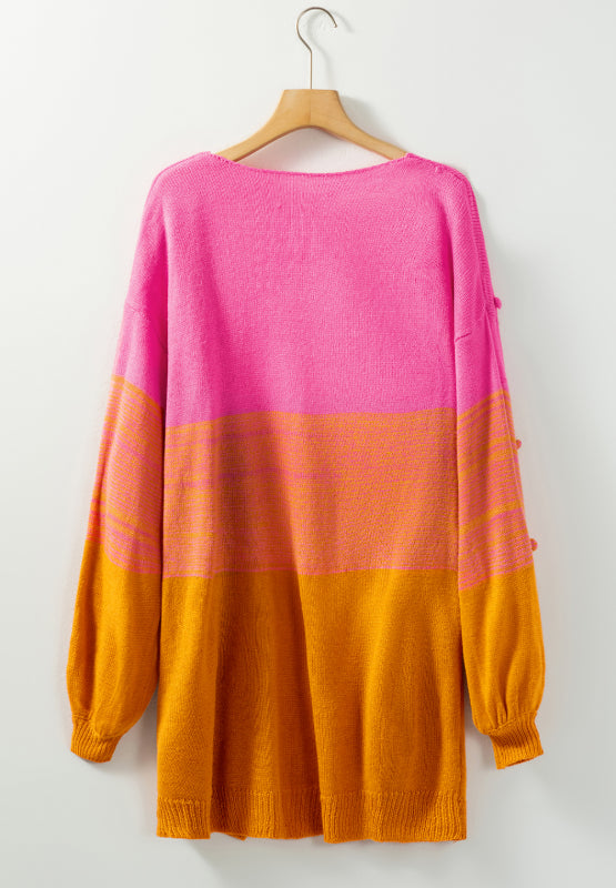Pompom Color Block Open Front Cardigan - felvior
