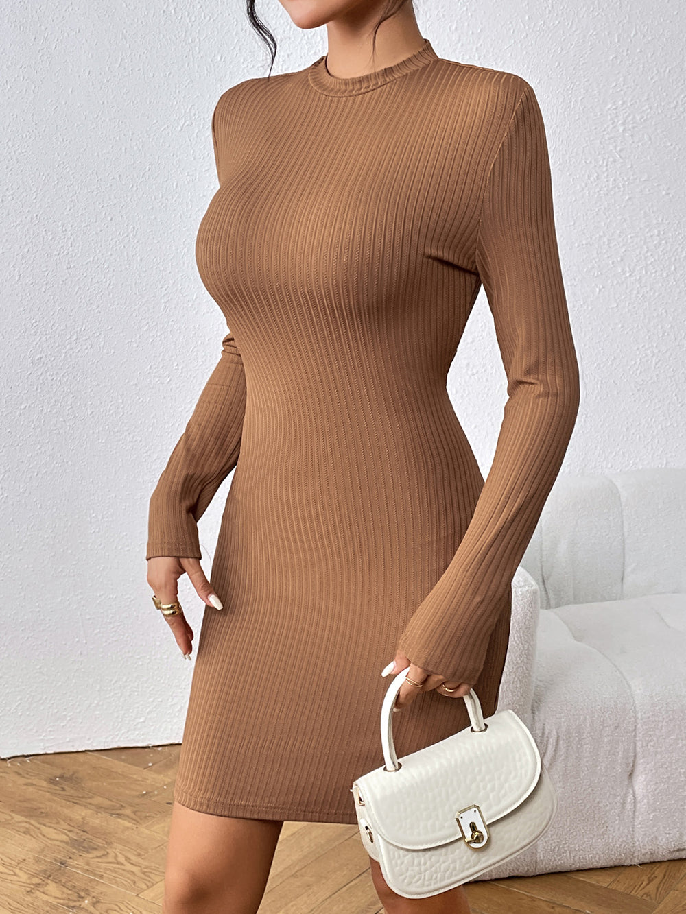 Honey Long Sleeve Ribbed Mini Dress - felvior