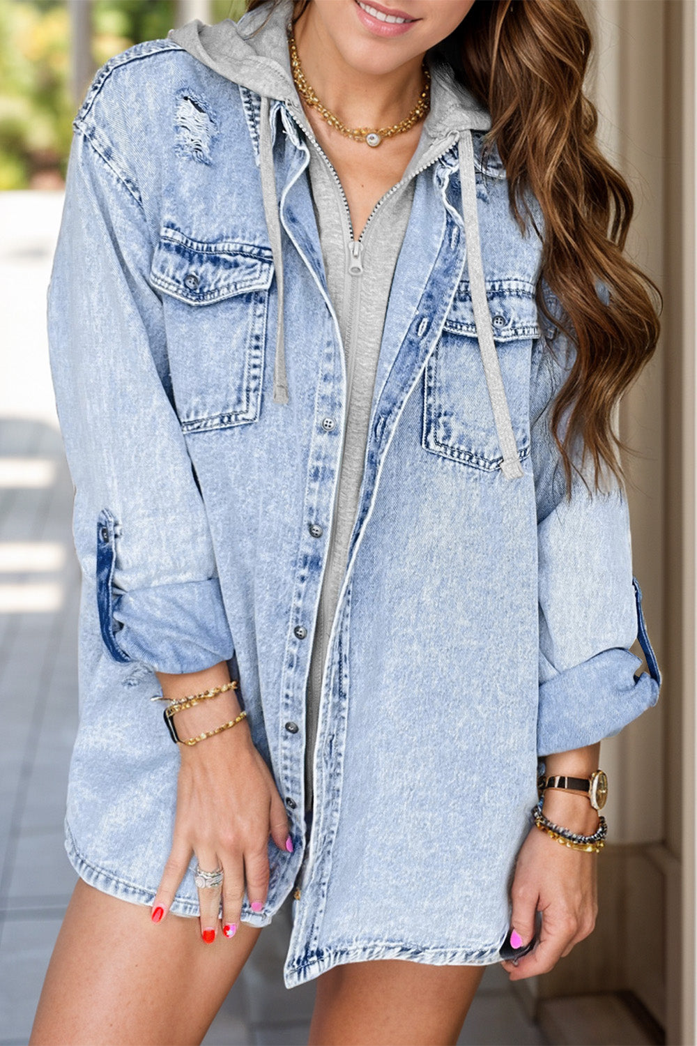 Distressed Button Up Long Sleeve Denim Jacket - felvior