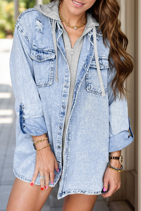 Distressed Button Up Long Sleeve Denim Jacket - felvior