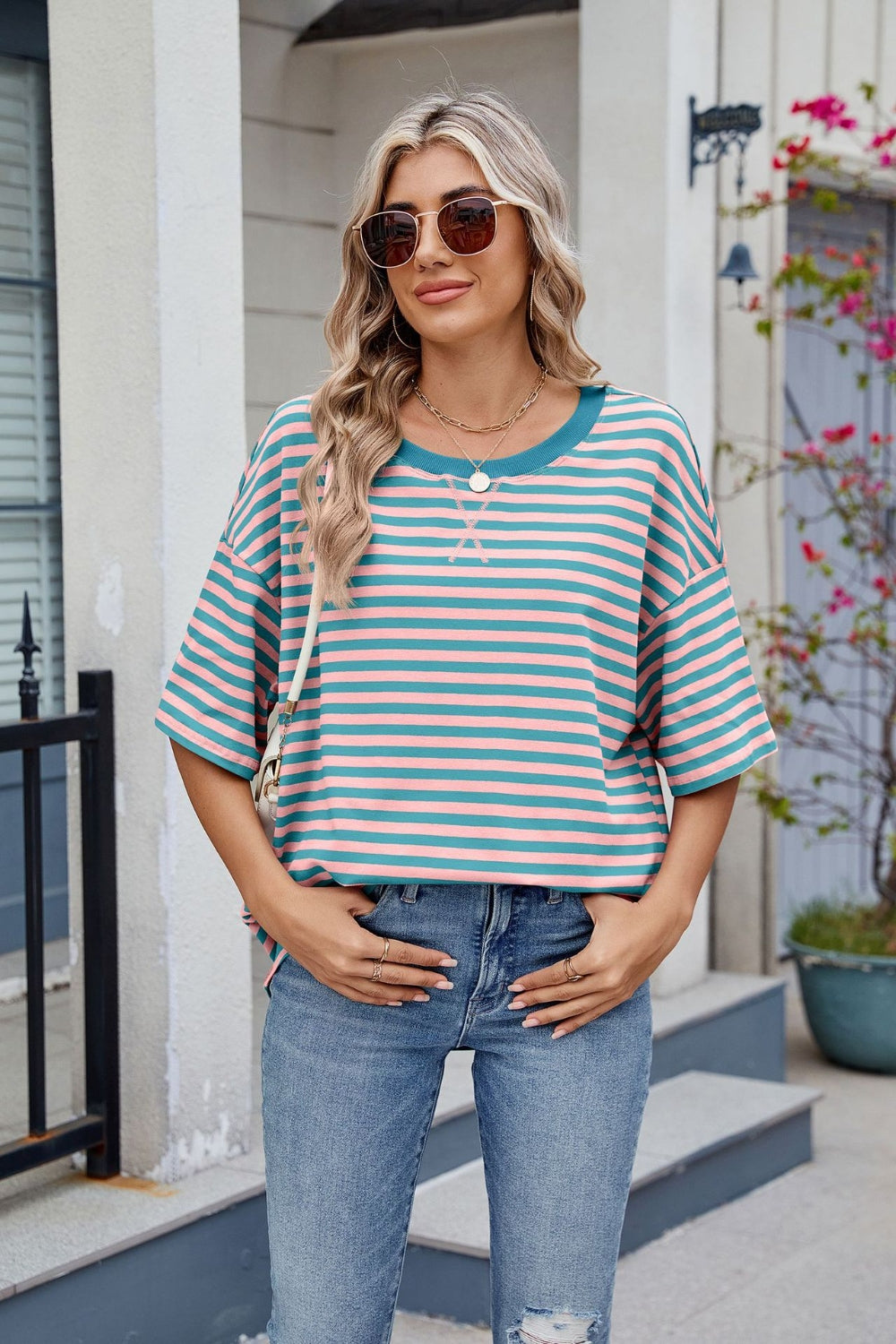 Contrast Striped Round Neck Half Sleeve T-Shirt