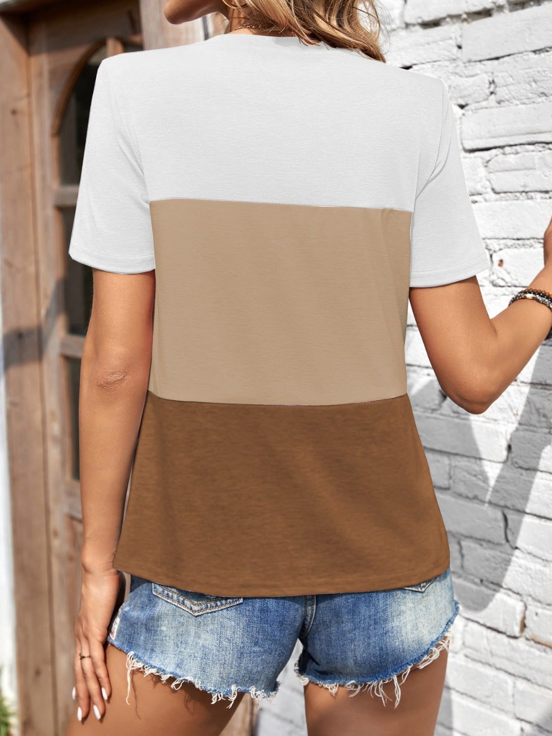 Color Block Round Neck Short Sleeve T-Shirt - felvior