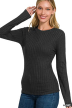Zenana Ribbed Long Sleeve Round Neck T-Shirt