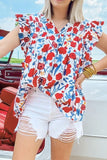 Ruffled Printed V-Neck Cap Sleeve Blouse - felvior