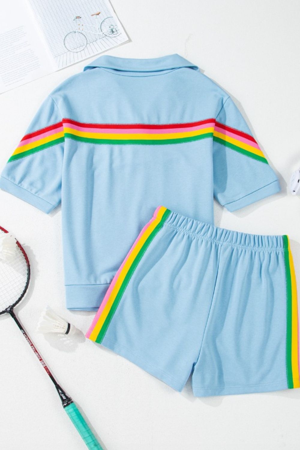 Rainbow Collared Short Sleeve Top and Shorts Set - felvior