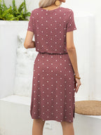 Round Neck Short Sleeve Slit Dress with Pockets