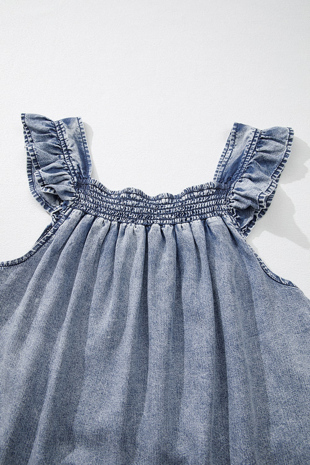 Ruffled Shirred Denim Top