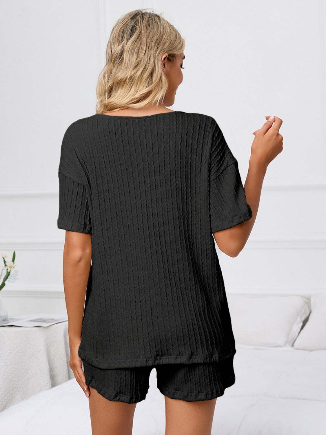 Notched Short Sleeve and Shorts Lounge Set - felvior