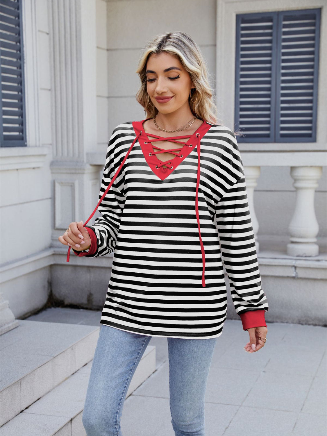 Lace-Up Striped Long Sleeve T-Shirt