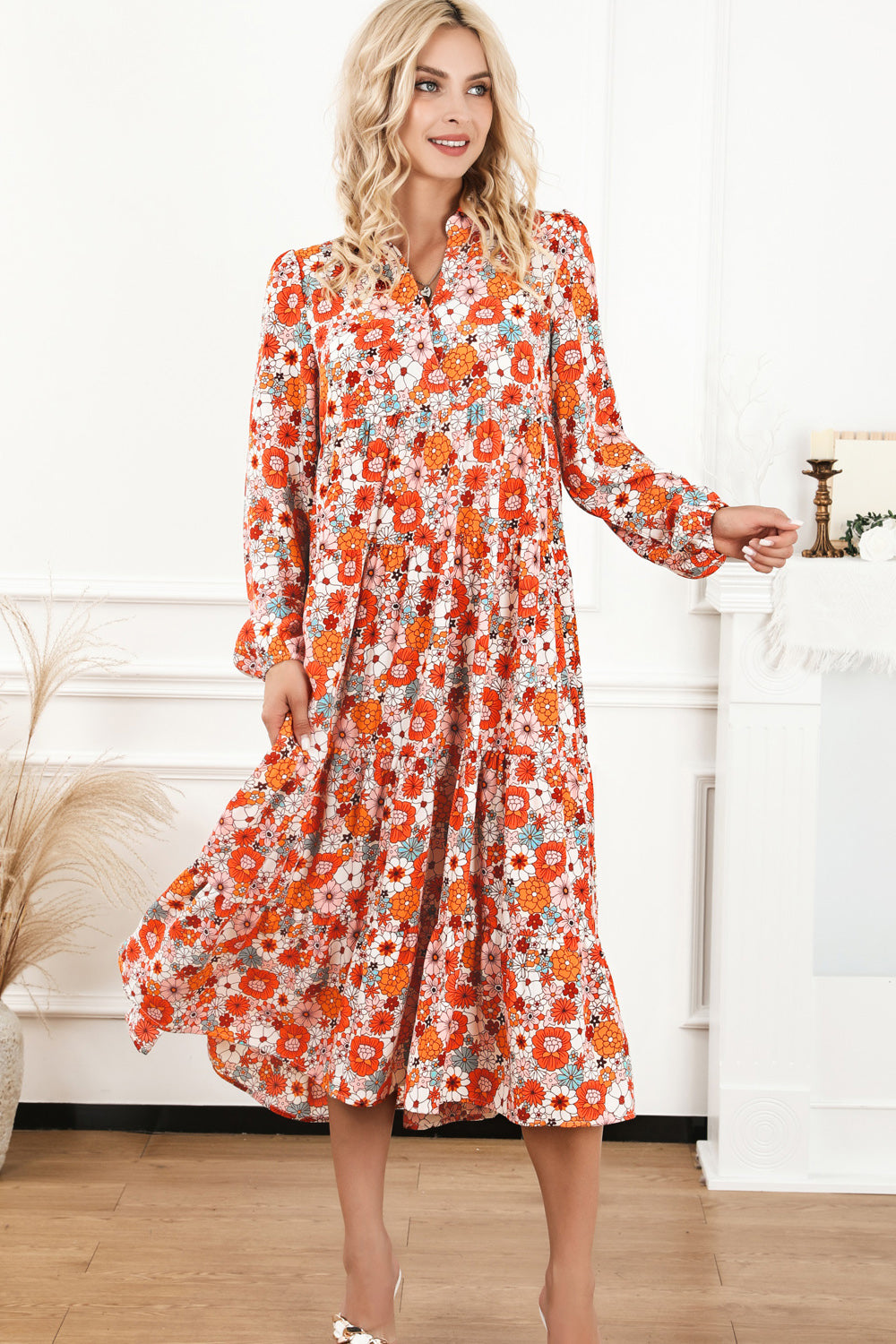 Floral Notched Neck Long Sleeve Dress - felvior