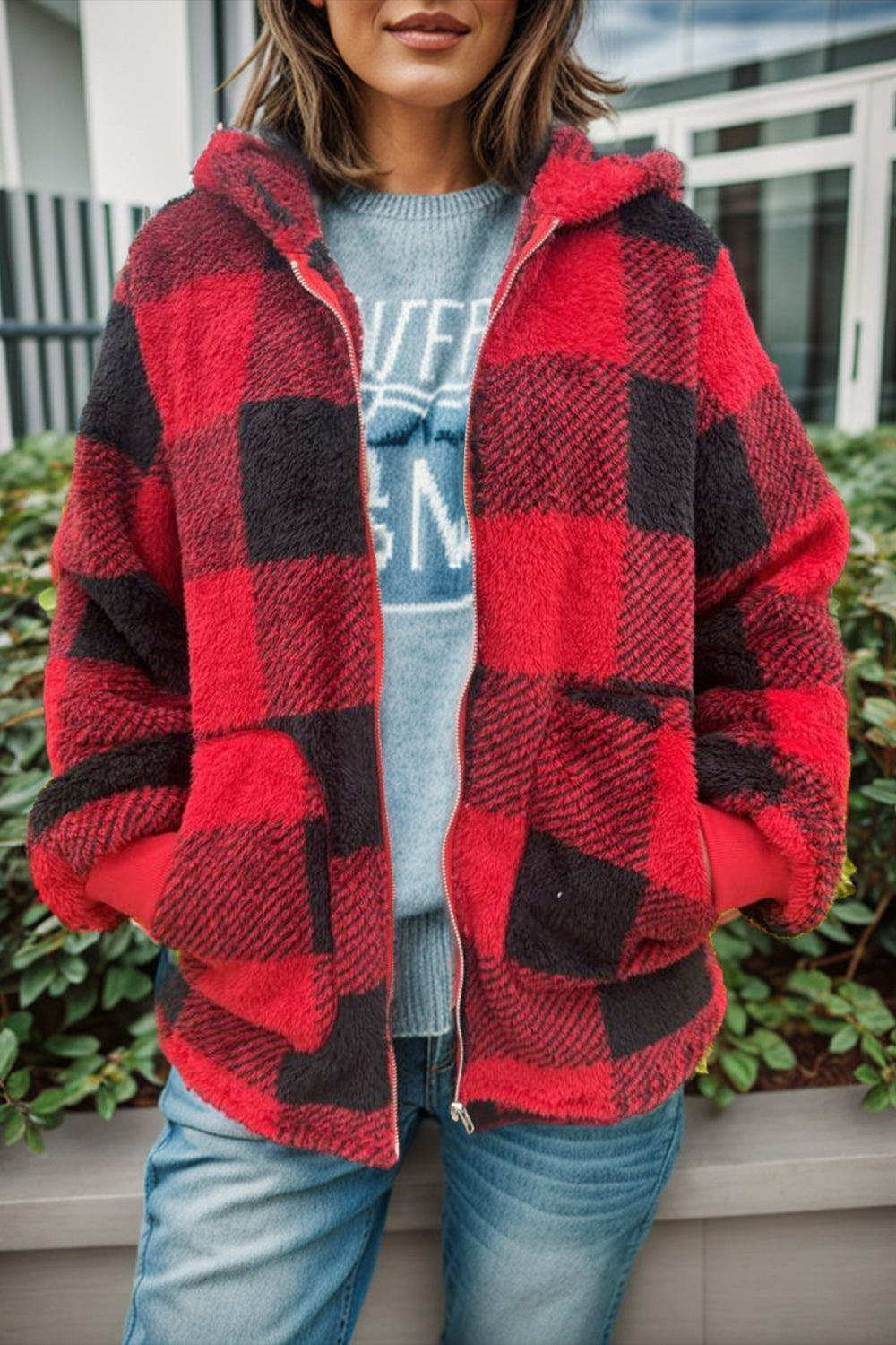 Double Take Full Size Plaid Long Sleeve Hooded Coat - felvior