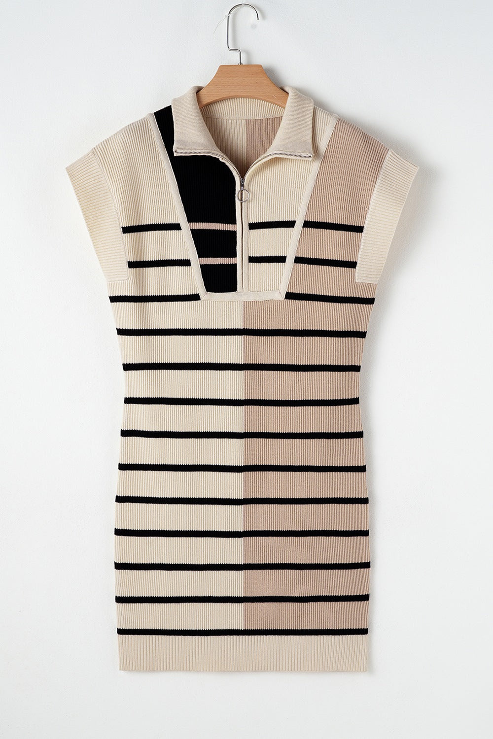 Striped Quarter Zip Cap Sleeve Sweater Dress - felvior