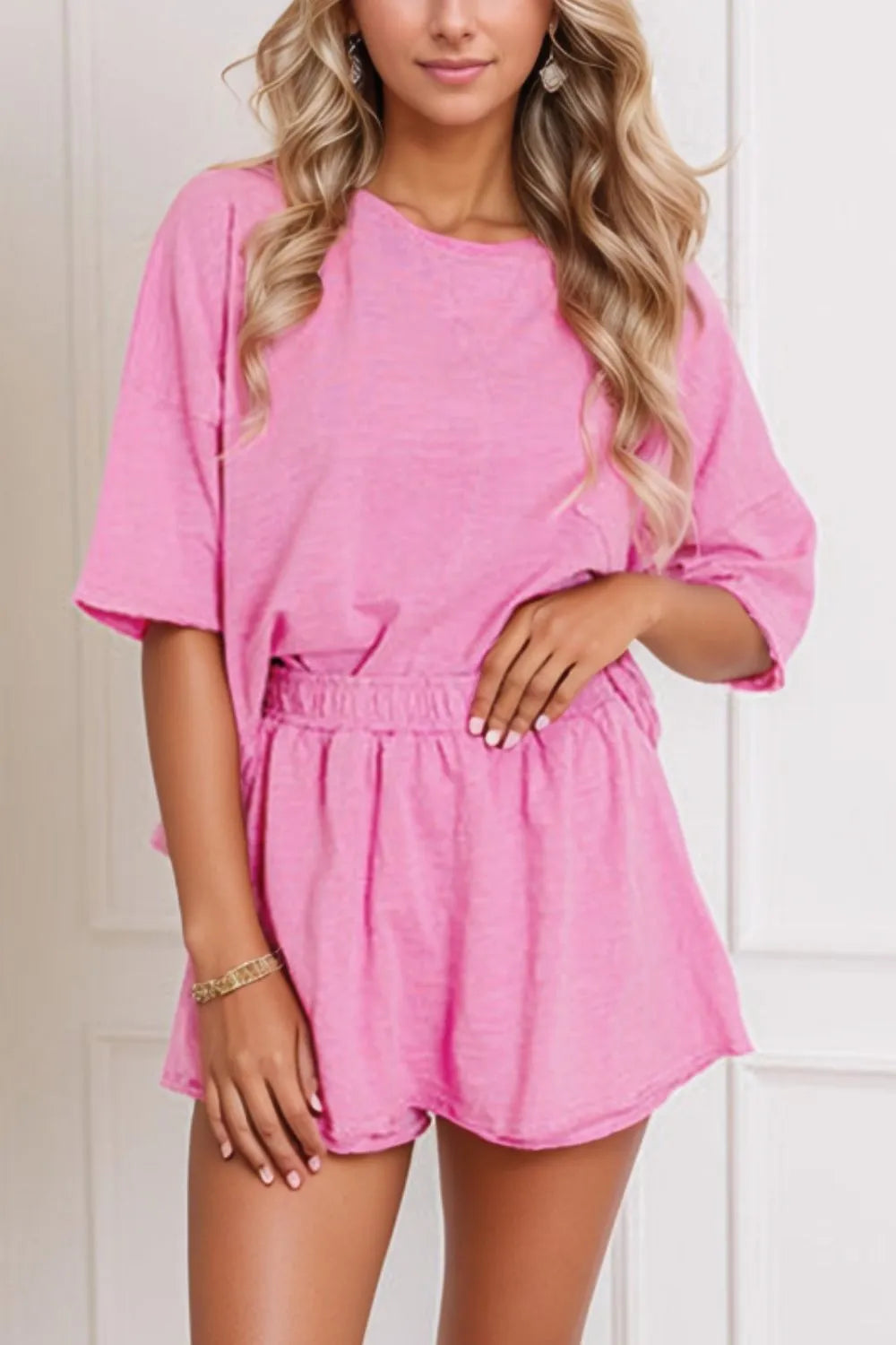 Round Neck Half Sleeve Top and Shorts Set - felvior