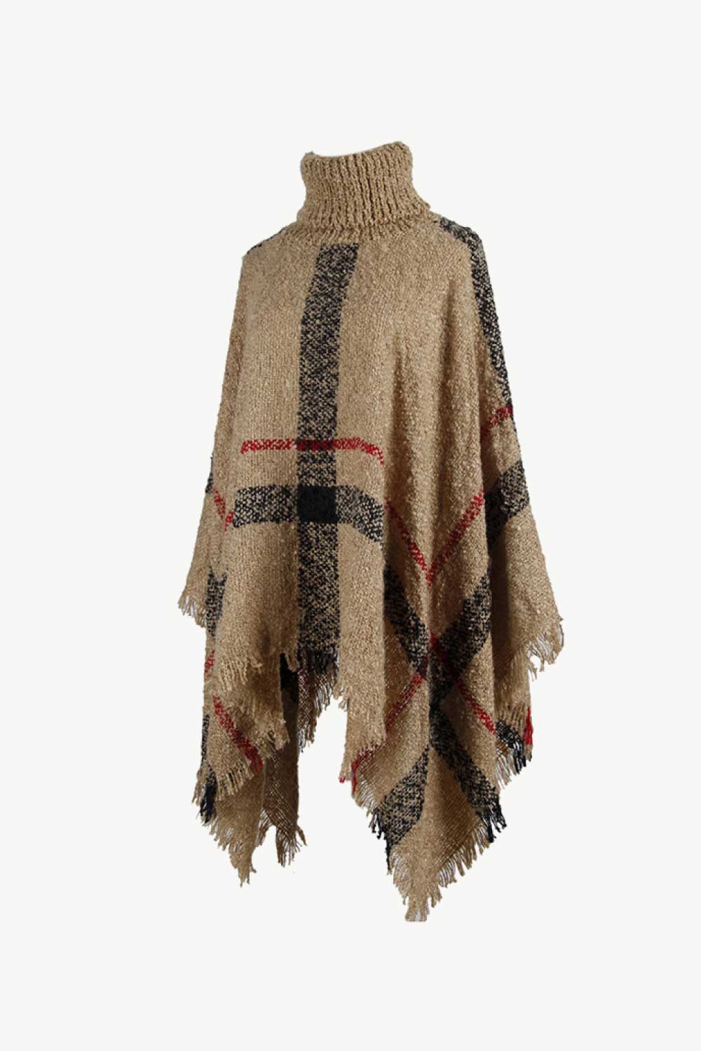 Plaid Turtleneck Raw Hem Poncho - felvior