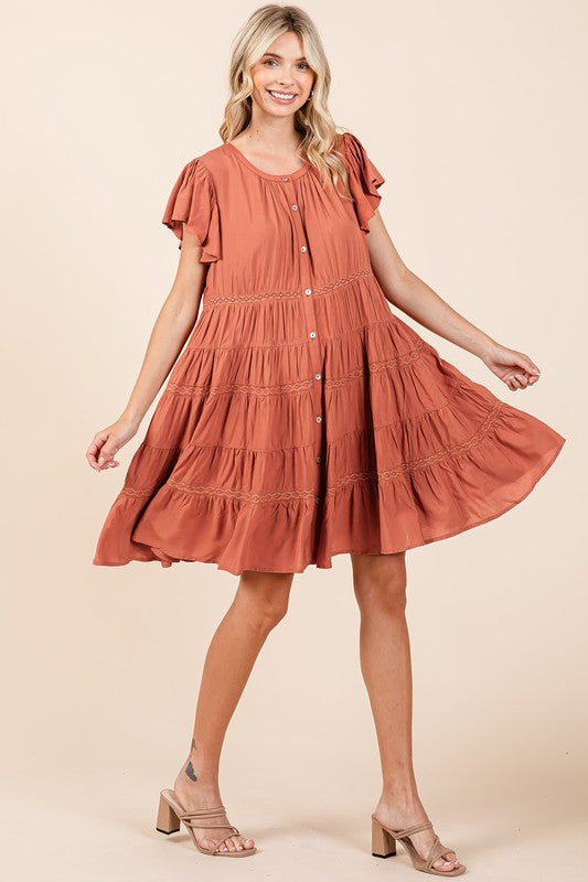 Mittoshop Lace Detail Ruffled Button Down Tiered Dress - felvior