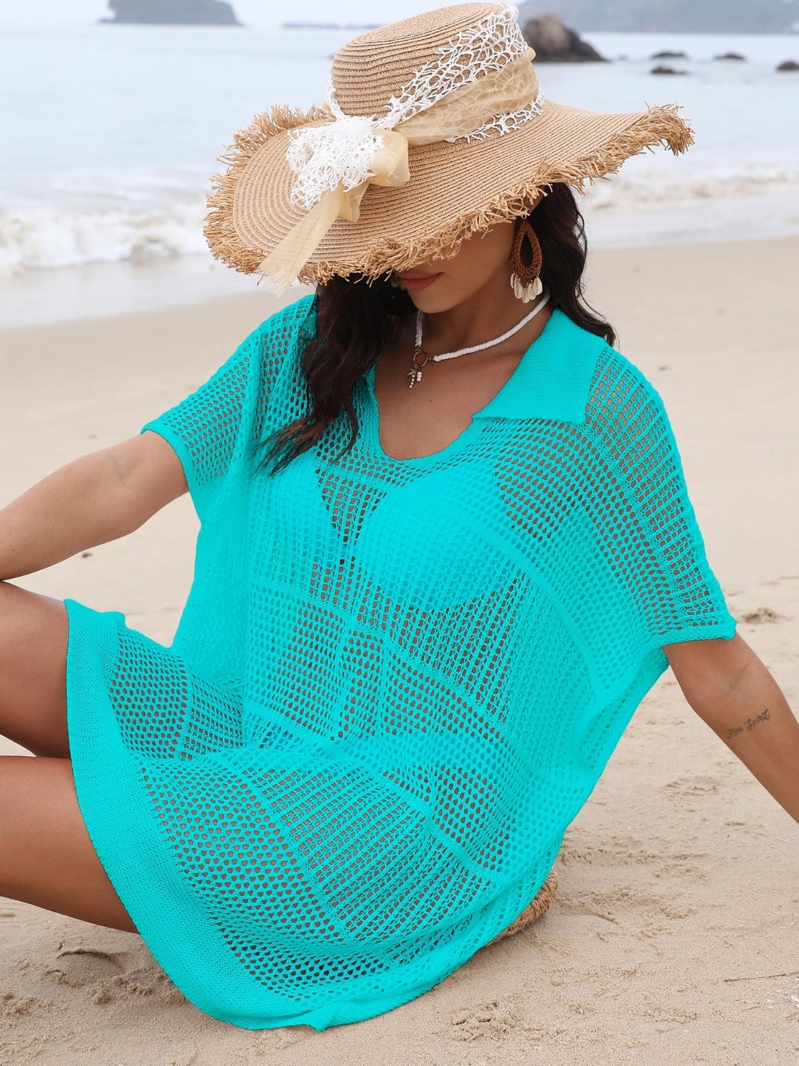 Hollow Out Collared Neck Cover-Up - felvior