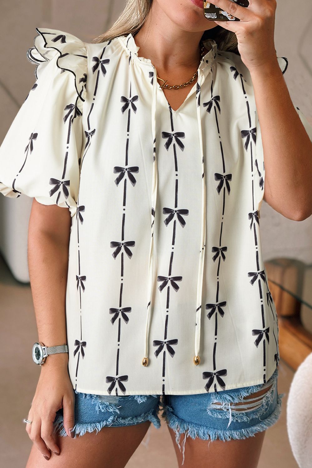 Bow Print Tie Neck Short Sleeve Blouse - felvior