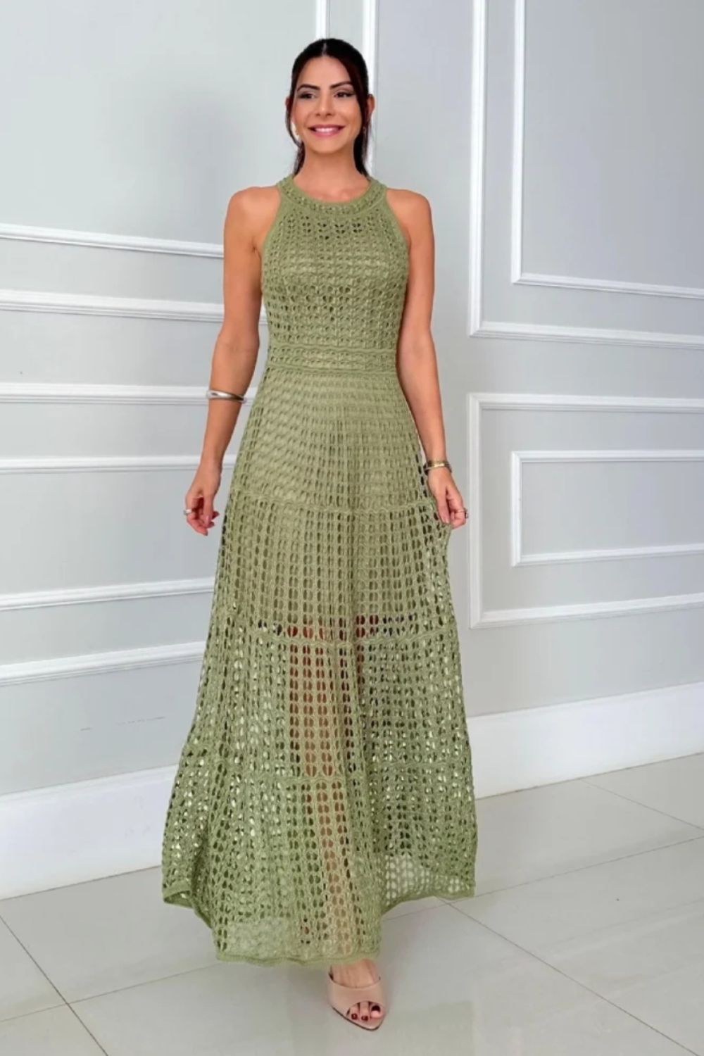 Hollowed-Out Sleeveless Maxi Dress - felvior