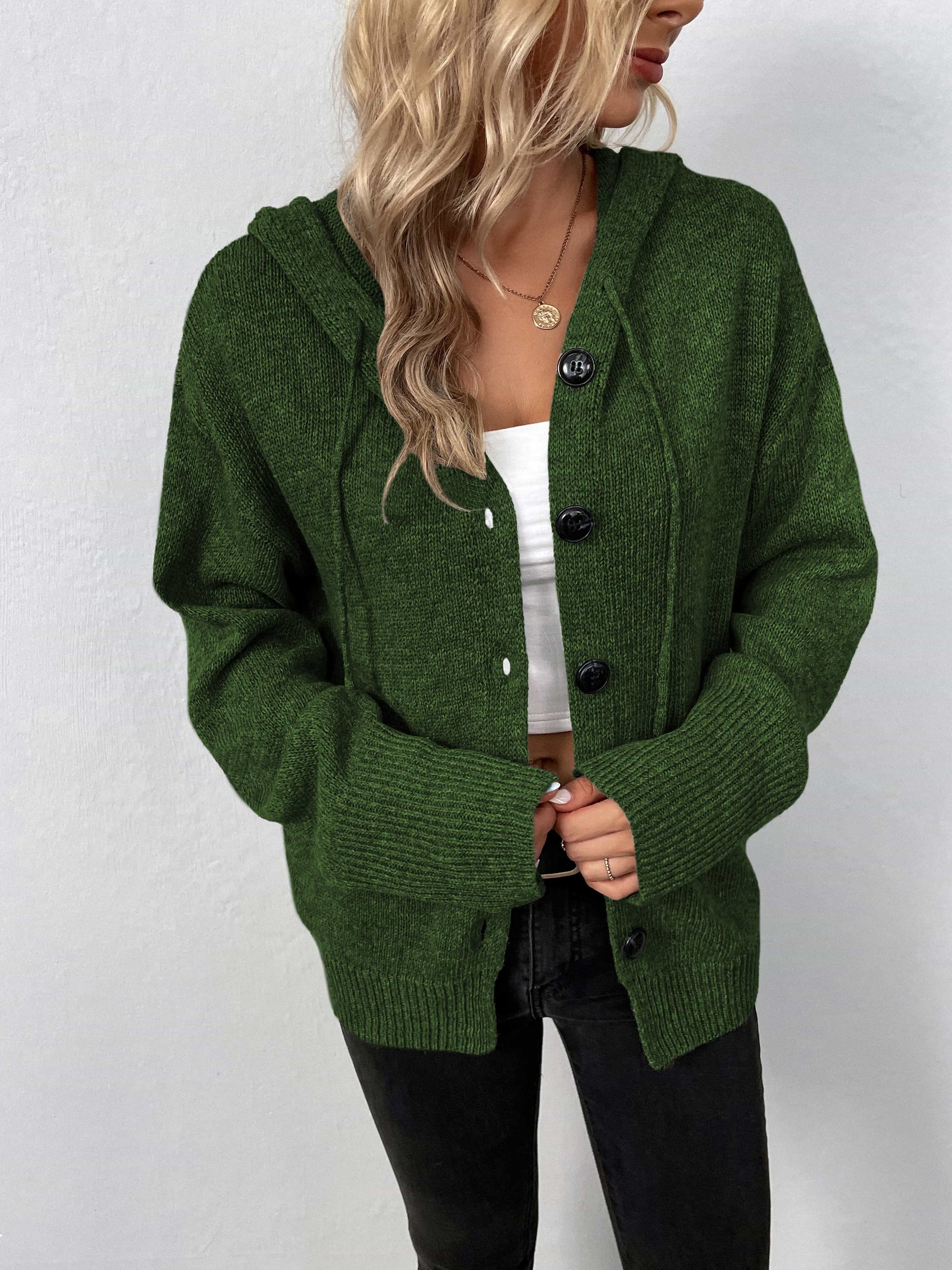 Button-Down Long Sleeve Hooded Sweater - felvior