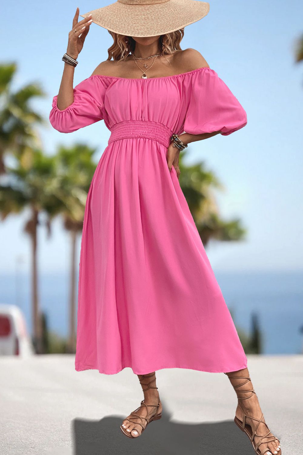 Square Neck Smocked Waist Puff Sleeve Midi Dress Hauptbild