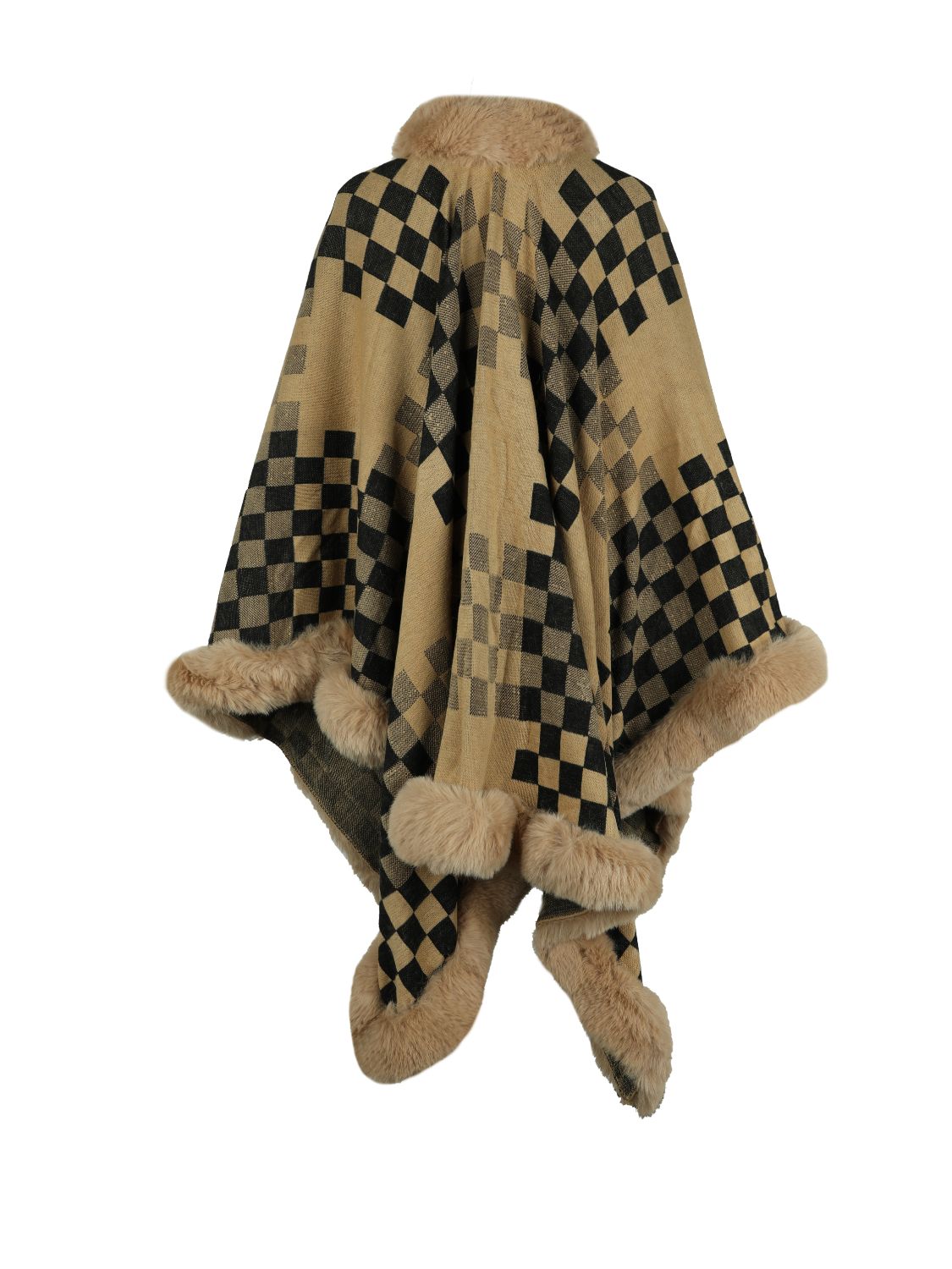 Checkered Faux Fur Trim Poncho - felvior