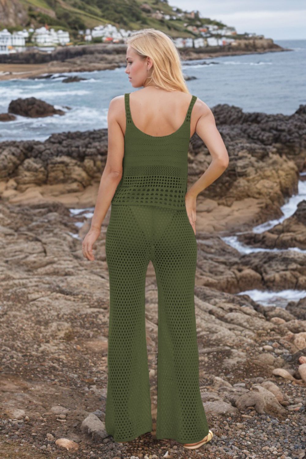 Hollow Out Round Neck Top and Pants Sweater Cover Up Set - felvior