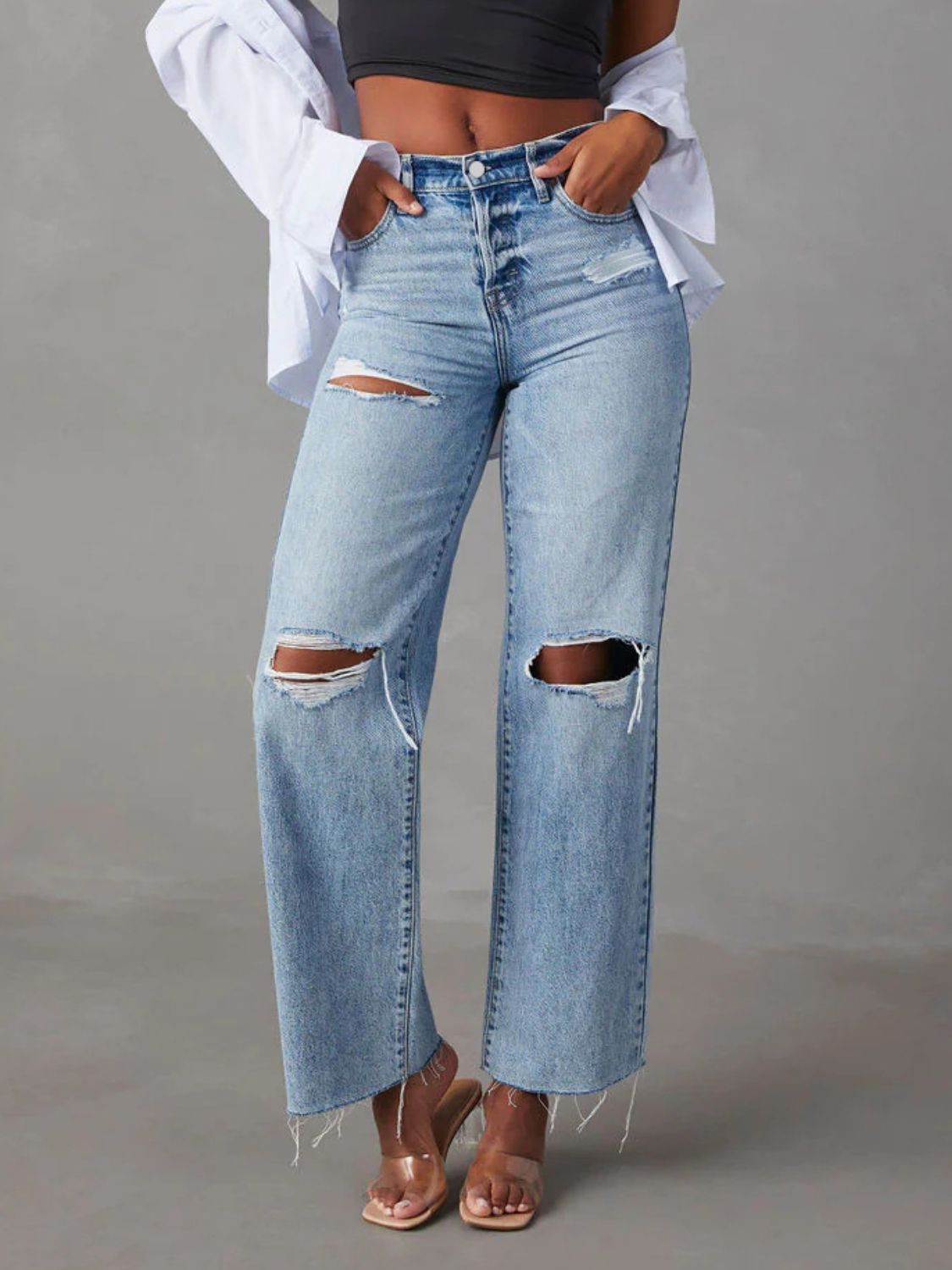 Distressed Straight Leg Jeans with Pockets - felvior