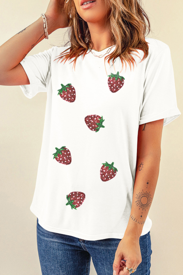 Sequin Strawberry Crew Neck Short Sleeve T Shirt