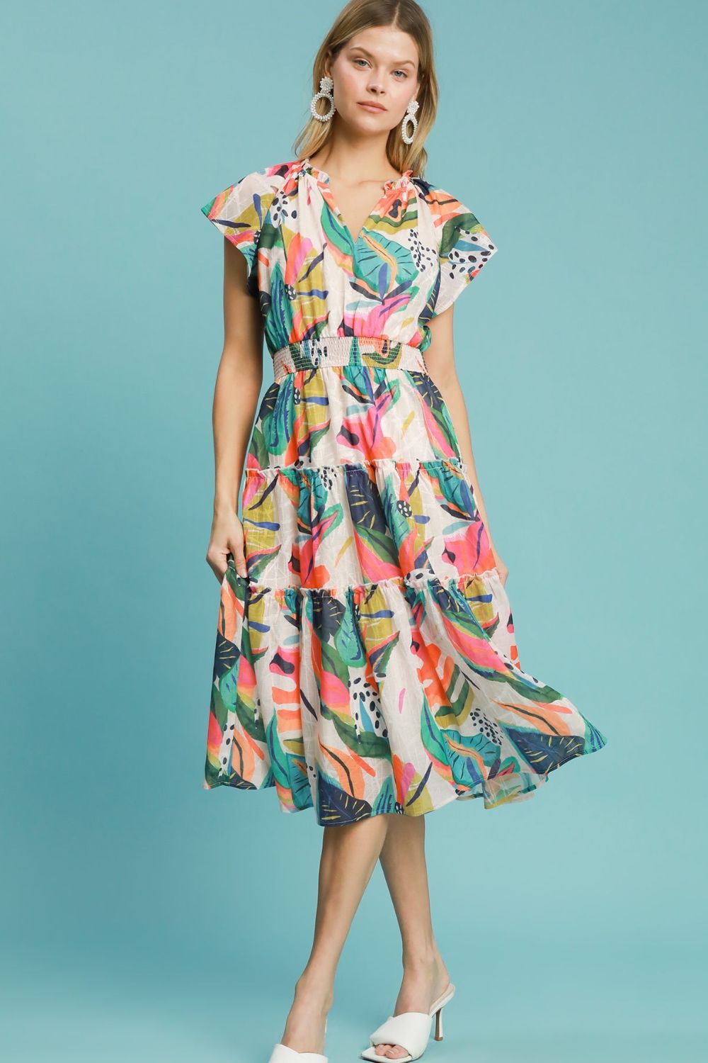 Umgee Full Size Leaf Print Cap Sleeve Tiered Midi Dress Plus Size