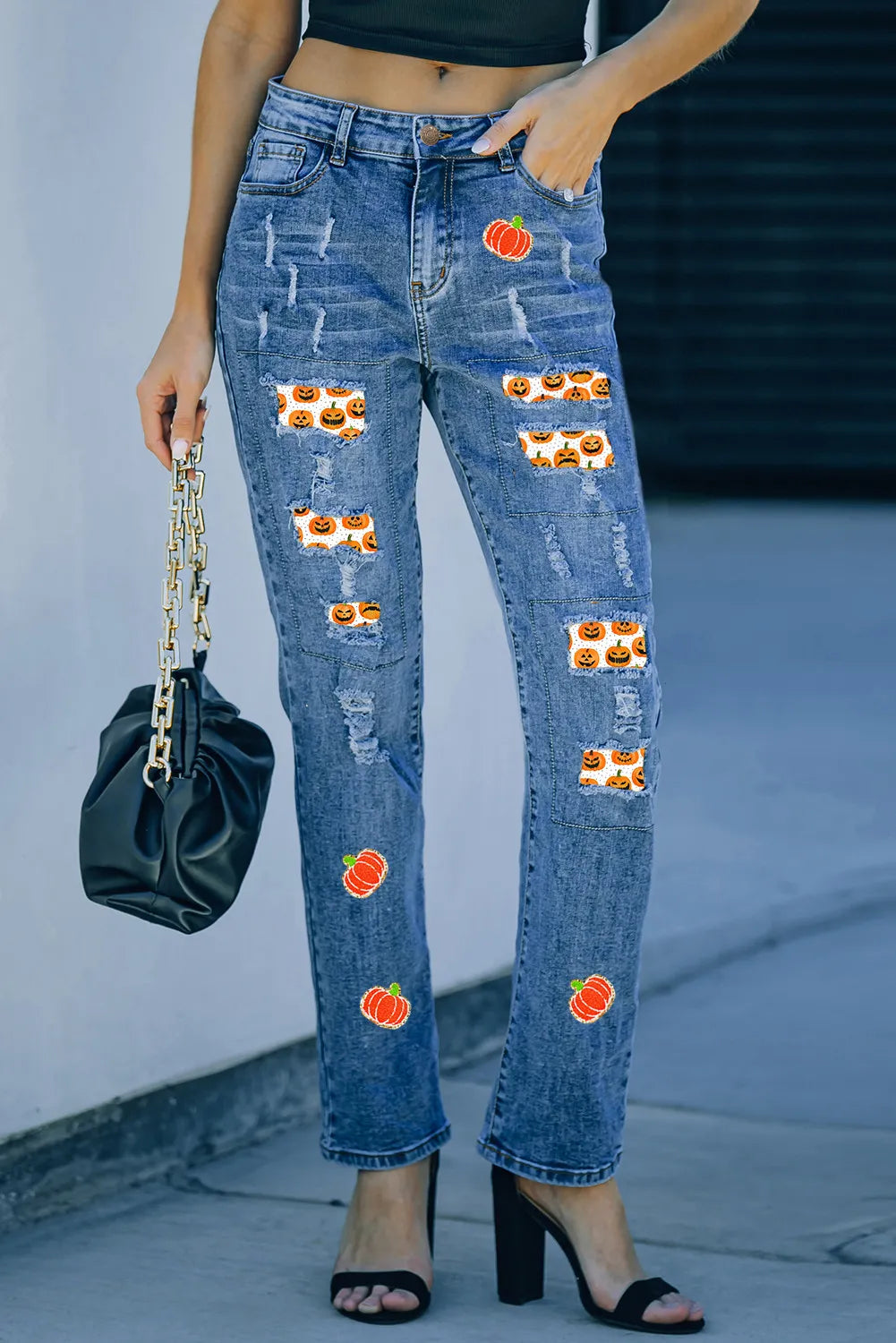 Distressed Pumpkin Jeans with Pockets - felvior