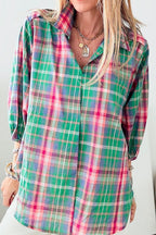 Plaid Collared Neck Three-Quarter Sleeve Shirt