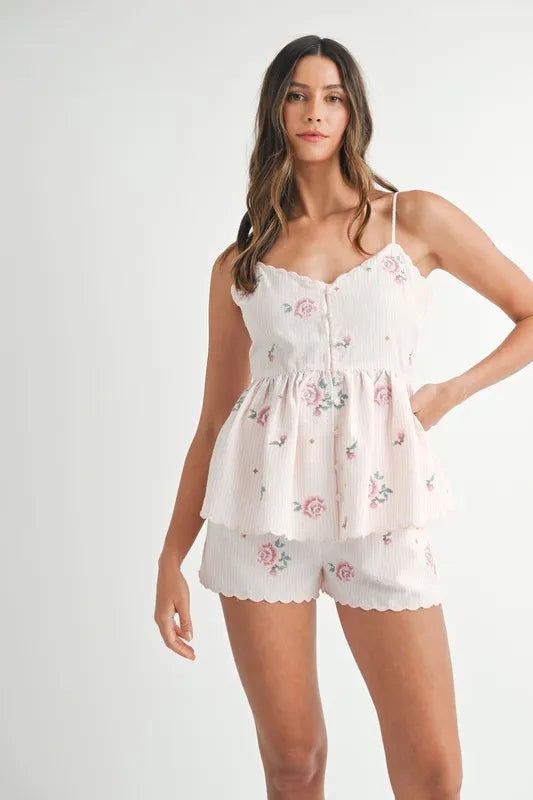 MABLE Stripe Embroidered Peplum Cami and Shorts Set - felvior
