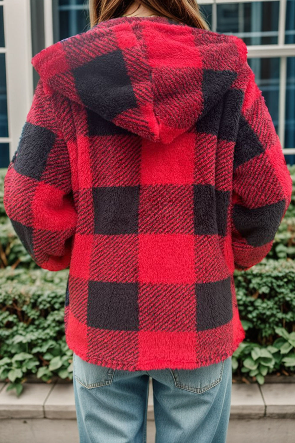 Double Take Full Size Plaid Long Sleeve Hooded Coat - felvior