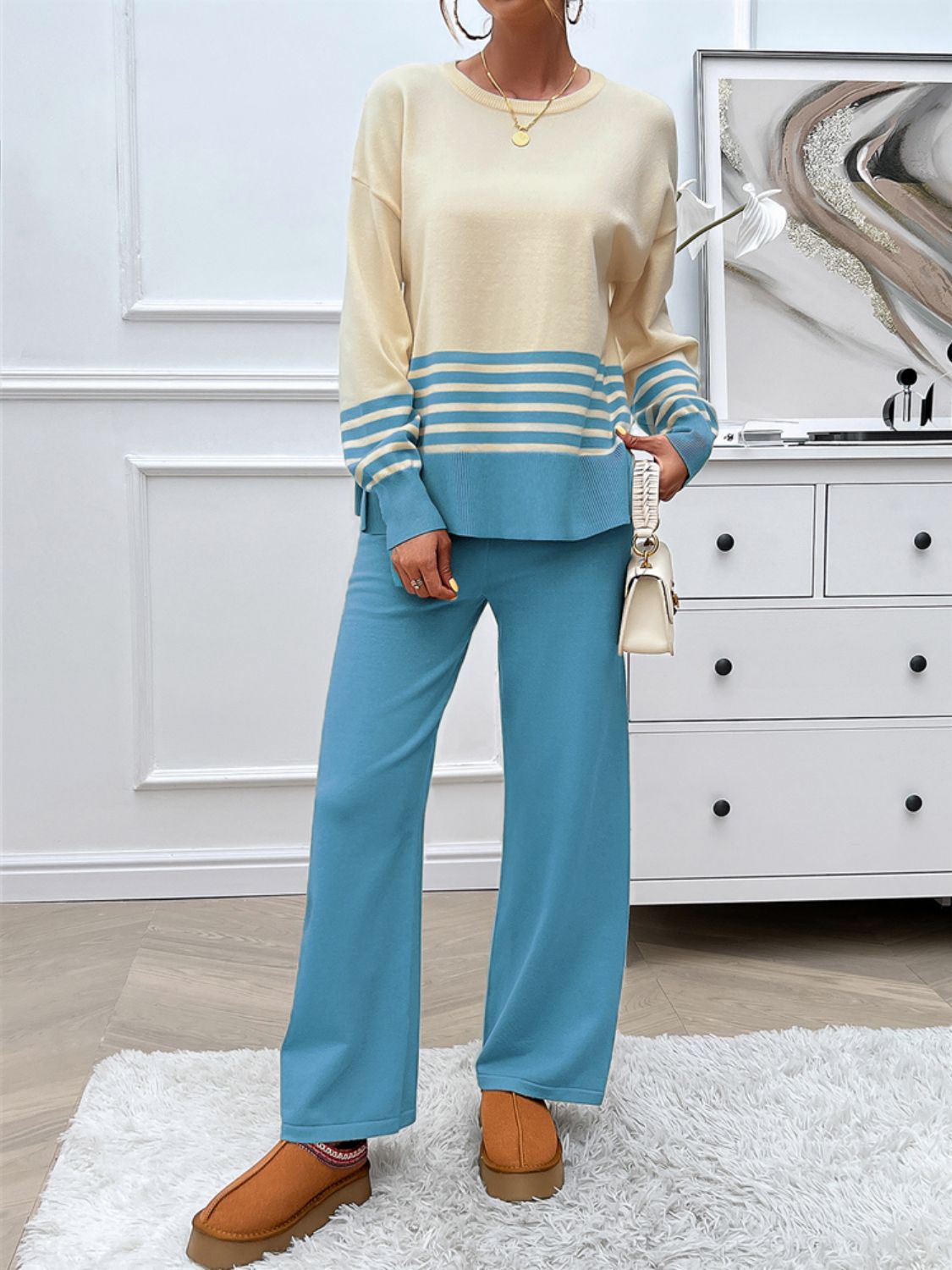 Devine Slit Striped Round Neck Top and Pants Sweater Set - felvior