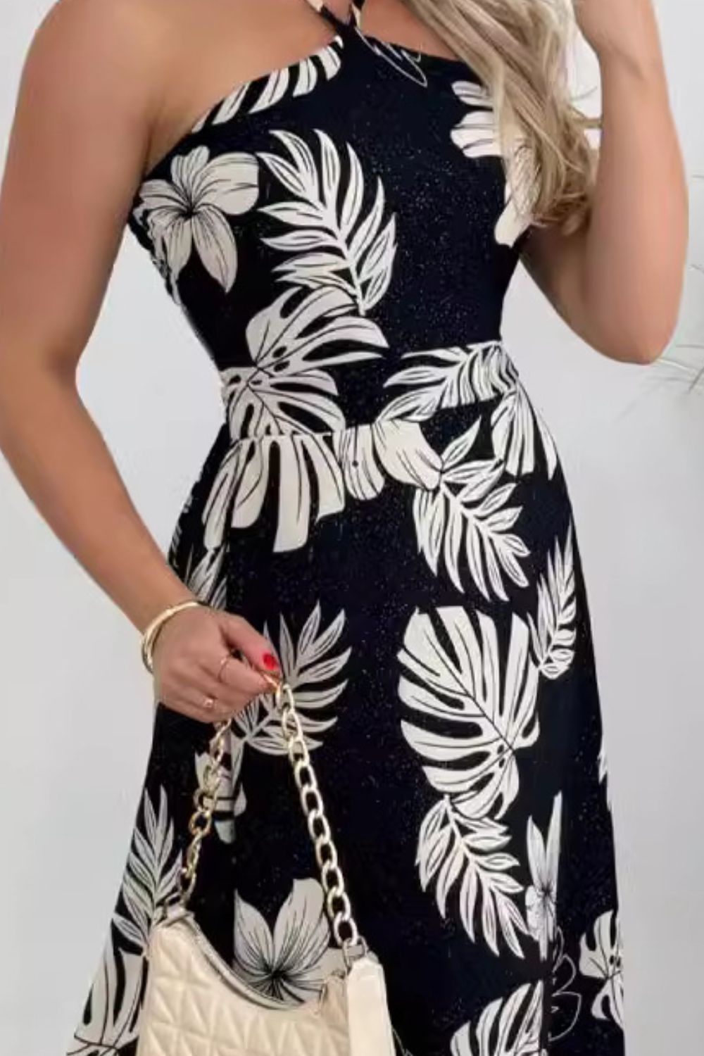 Smocked Printed Halter Neck Dress - felvior