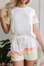 Rainbow Striped Round Neck T Shirt and Shorts Lounge Set
