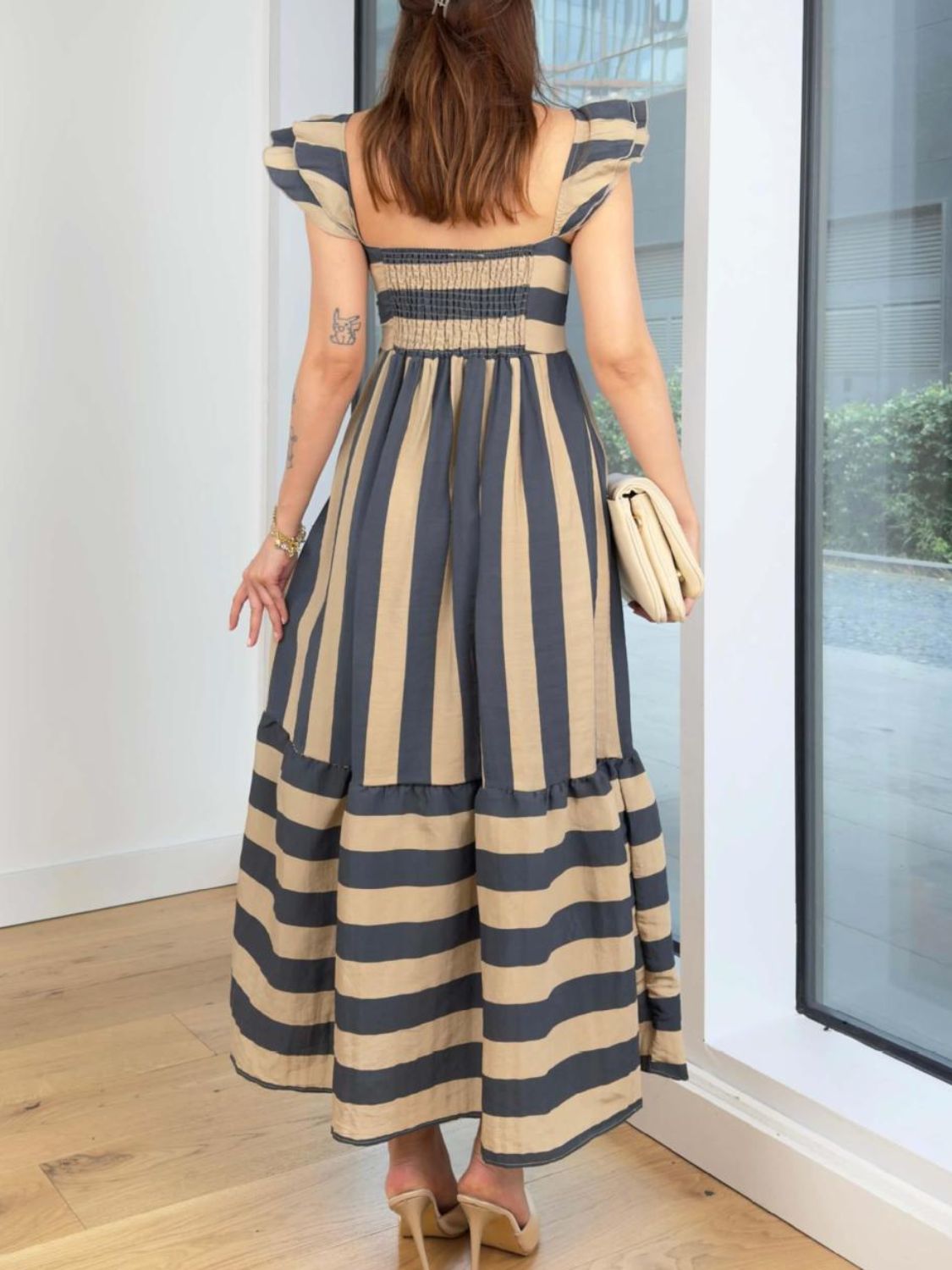 Smocked Striped Square Neck Cap Sleeve Dress - felvior