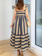 Smocked Striped Square Neck Cap Sleeve Dress